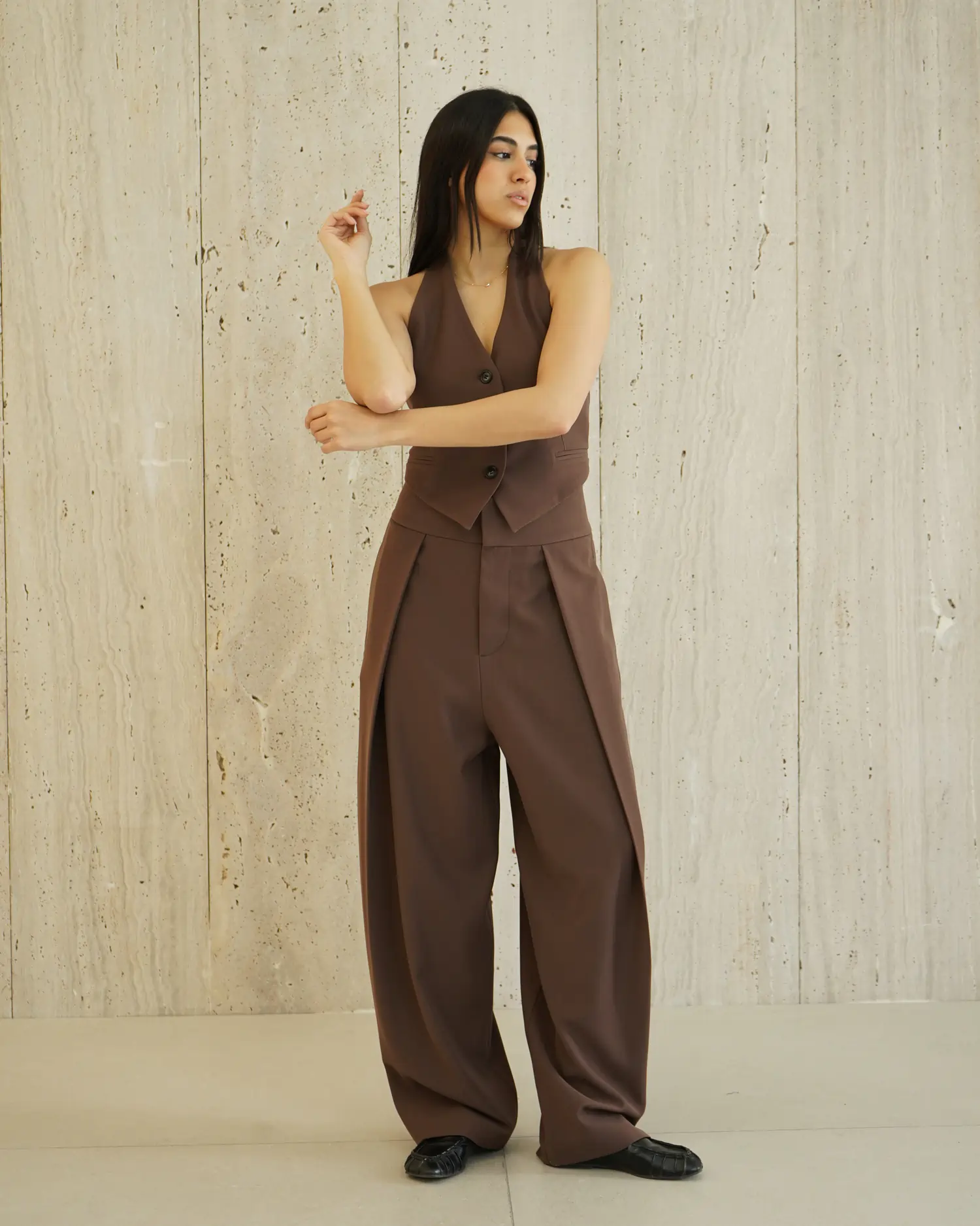 pant129 - شلوار کرپ کج راه با پيله پهن خمره اي